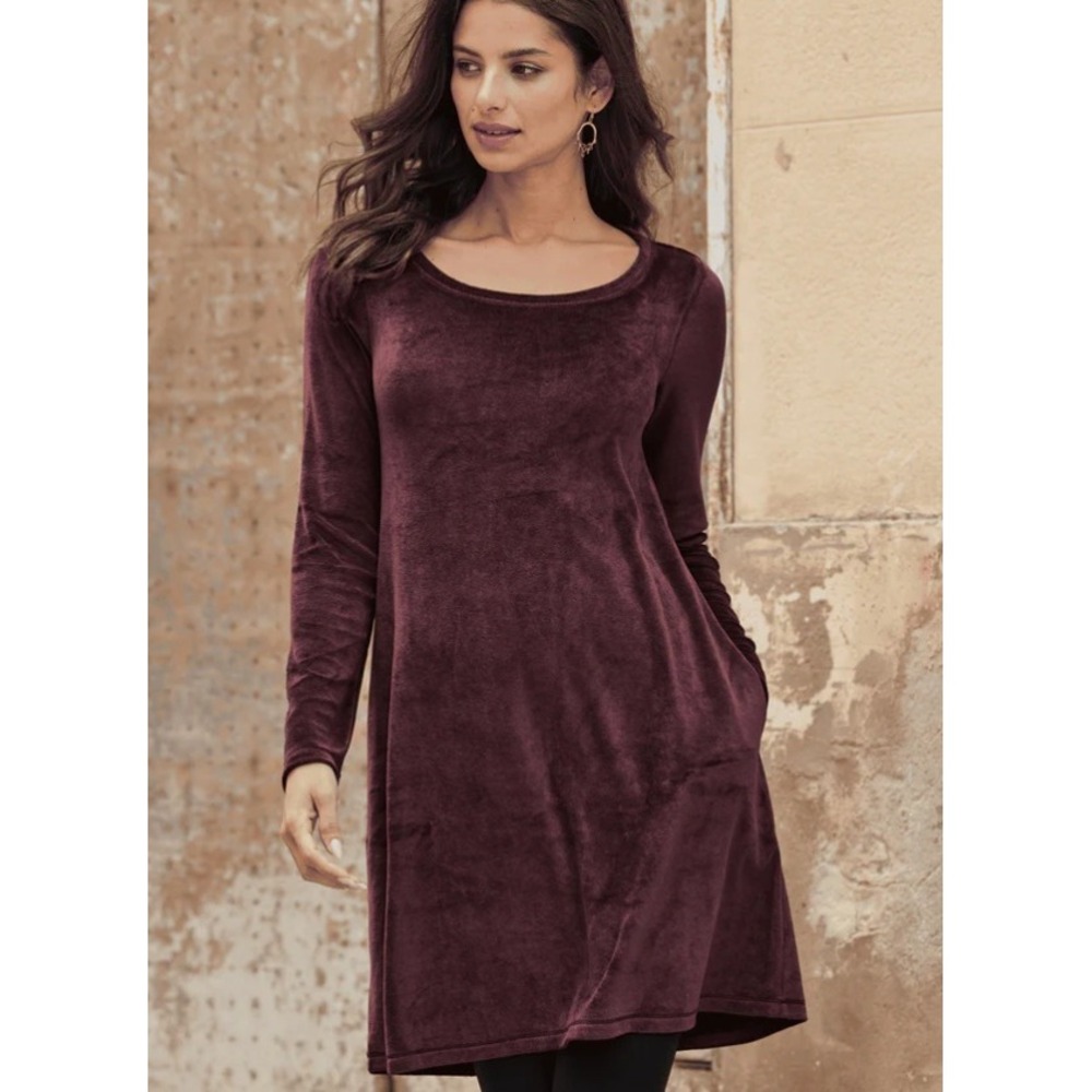 Peruvian Connection Velour Orla Tunic Dress Maroon Velour Velvet Long Sleeve XL